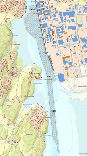 Prøvemudringen som starter neste uke skal foregå i tre ulike prøvemudringsfelt (røde firkanter) i Røsvikrenna og Borg havn.
